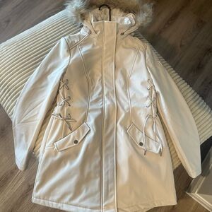 Guess Women's Cream Ski Jacket with Faux Fur Hood